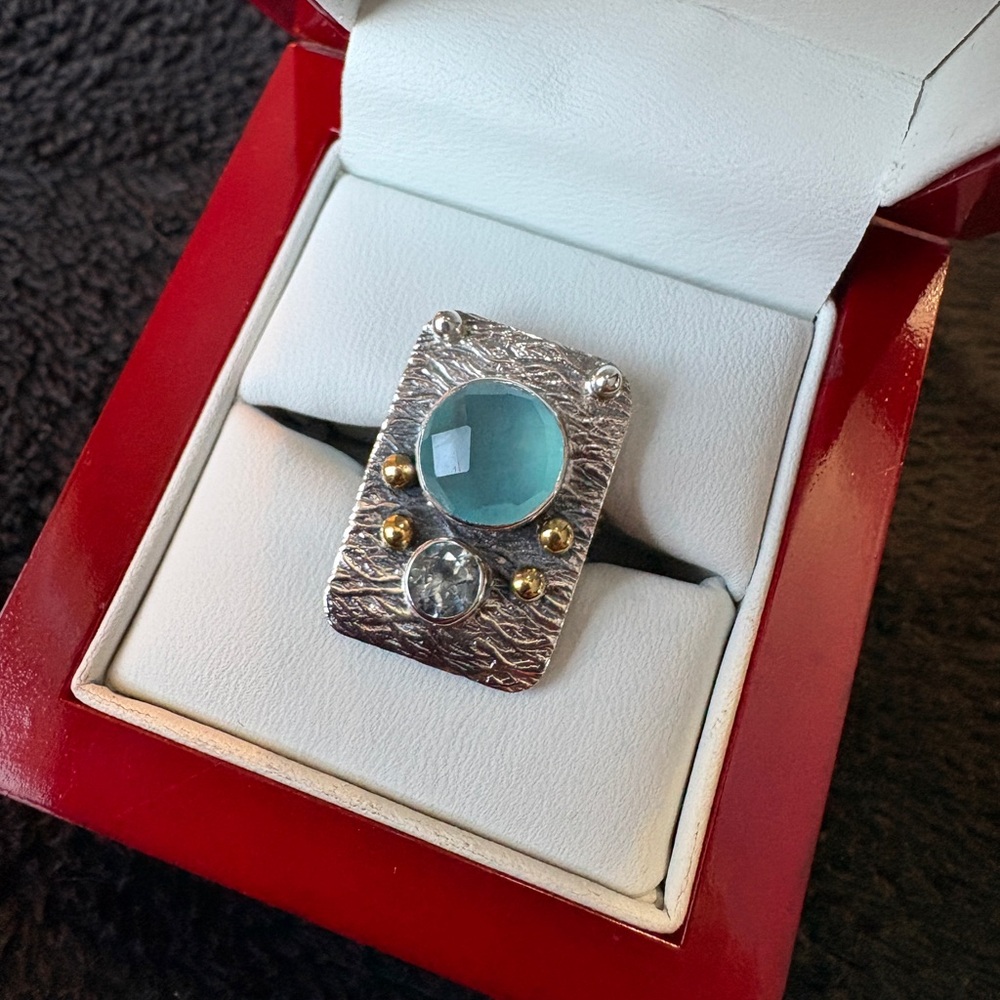 Silver (925) Ring. 
Hand Made. 
Chalcedony and Blue Topaz. 
VERY Beautiful.